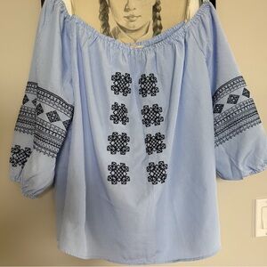 Blu Pepper Light Blue Striped Off-Shoulder Blouse with Navy Embroidery